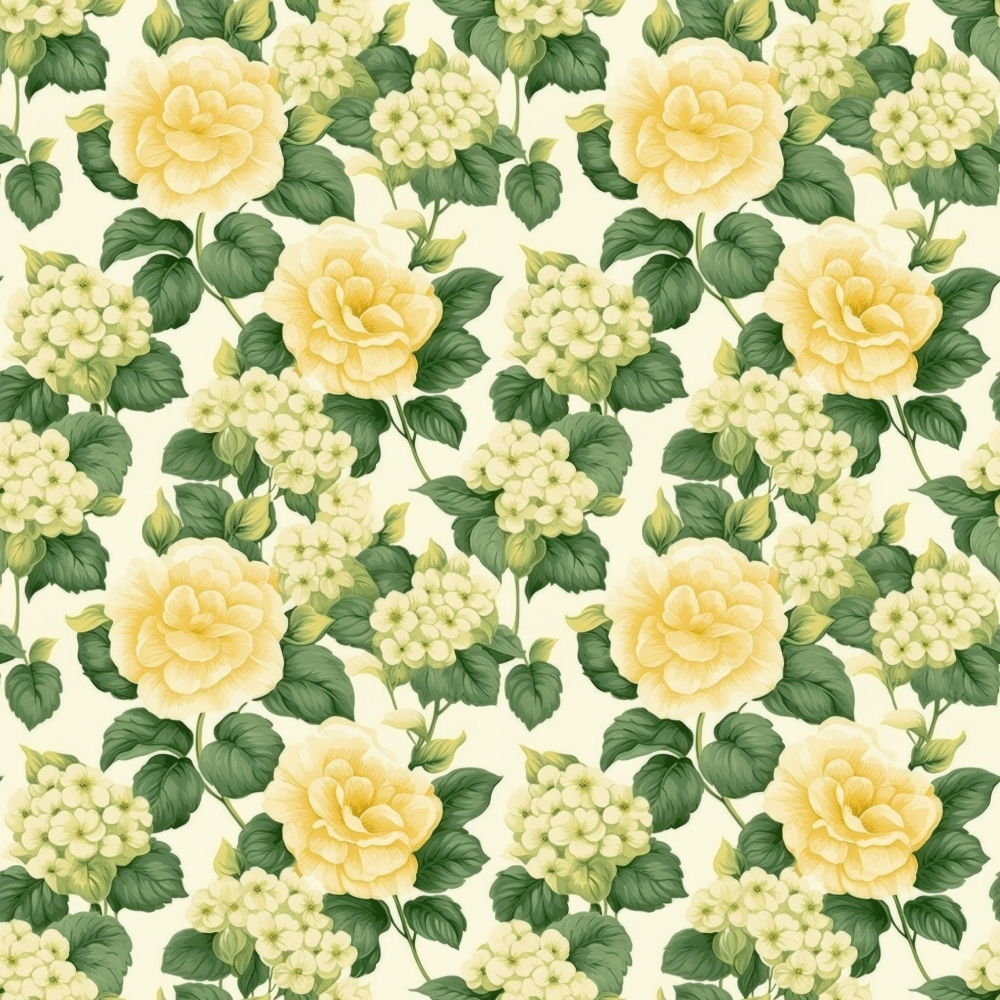floral pattern, yellow roses, cream background, green leaves, cottage garden, botanical design, repeating motif, quilting cotton, fabric panel, vintage style, soft pastels, romantic florals, rose blooms, garden flowers, textile design, sewing material, crafting fabric, delicate petals, natural elements