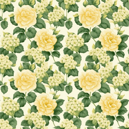 floral pattern, yellow roses, cream background, green leaves, cottage garden, botanical design, repeating motif, quilting cotton, fabric panel, vintage style, soft pastels, romantic florals, rose blooms, garden flowers, textile design, sewing material, crafting fabric, delicate petals, natural elements