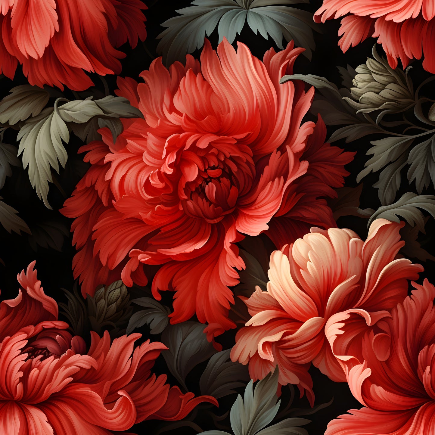 coral flowers, red blooms, peach petals, sage green leaves, olive foliage, black background, floral damask, ornate pattern, chrysanthemum design, botanical motif, quilting cotton, fabric panel, dramatic contrast, rich colors, layered petals, vintage style, moody florals, decorative design