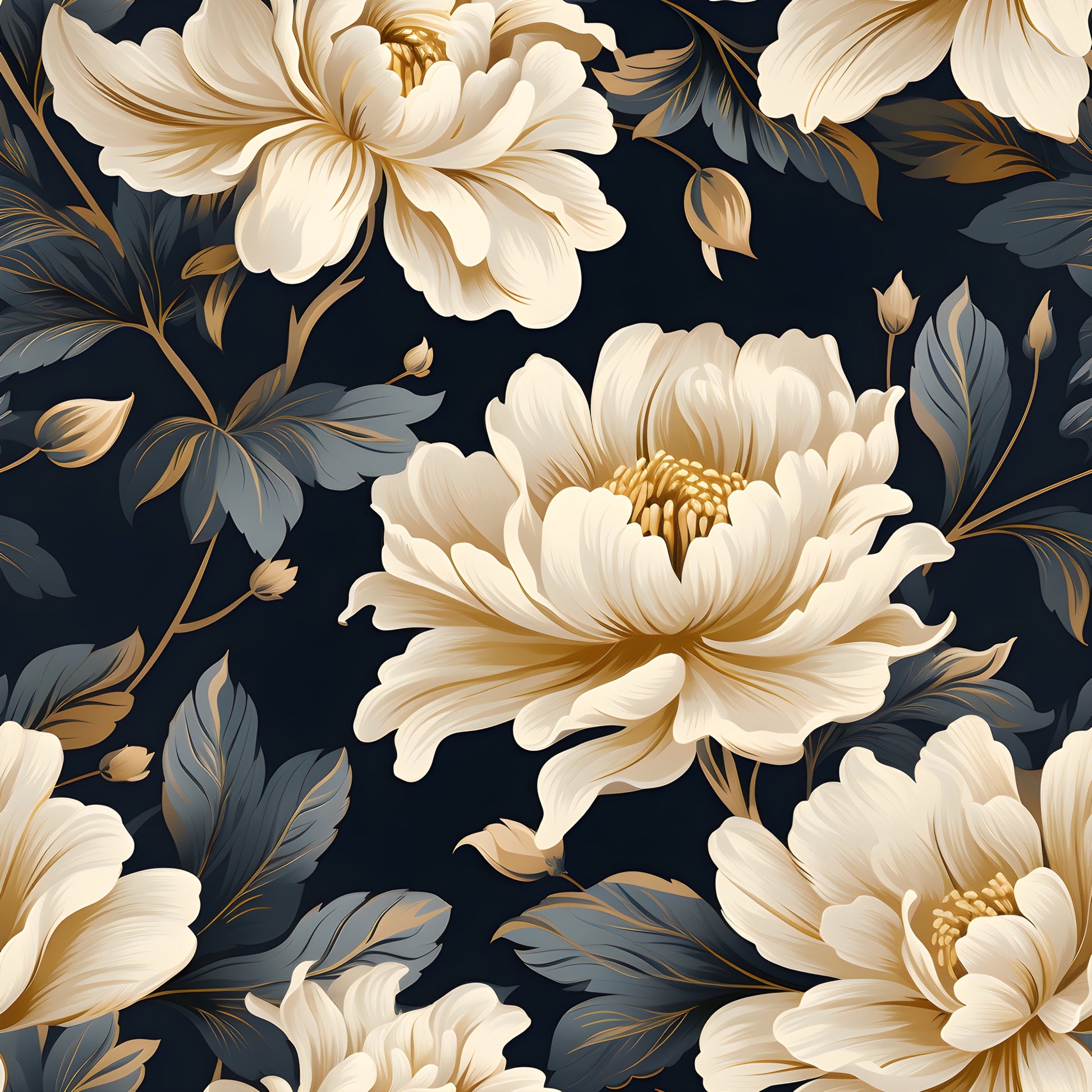 cream flowers, ivory blooms, charcoal background, navy base, gold accents, bronze highlights, gray leaves, floral pattern, damask design, peonies, large blooms, botanical motif, elegant florals, quilting cotton, fabric panel, luxurious feel, sophisticated design, nature inspired, layered petals, ornate flowers