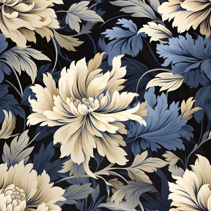 cream flowers, navy blue, dusty blue, black background, large blooms, floral damask, ornate petals, layered leaves, flowing vines, elegant pattern, quilting cotton, fabric panel, sophisticated design, monochromatic palette, decorative florals, vintage style, luxurious motifs, seamless repeat, botanical elements