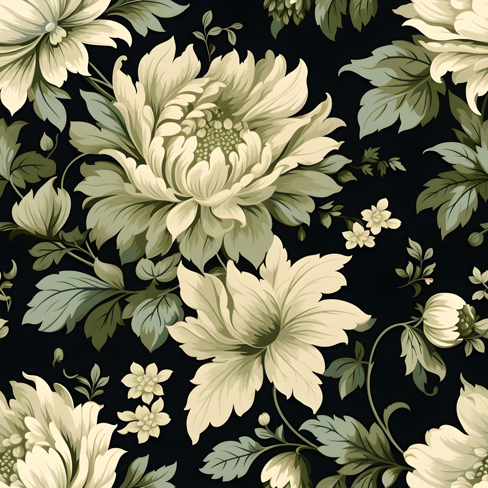cream, sage green, black background, floral damask, large blooms, ornate flowers, elegant pattern, quilting cotton, fabric panel, vintage style, botanical motif, decorative flourishes, ivory petals, muted tones, sophisticated design, repeating pattern, layered petals, leafy accents, formal floral, luxurious texture