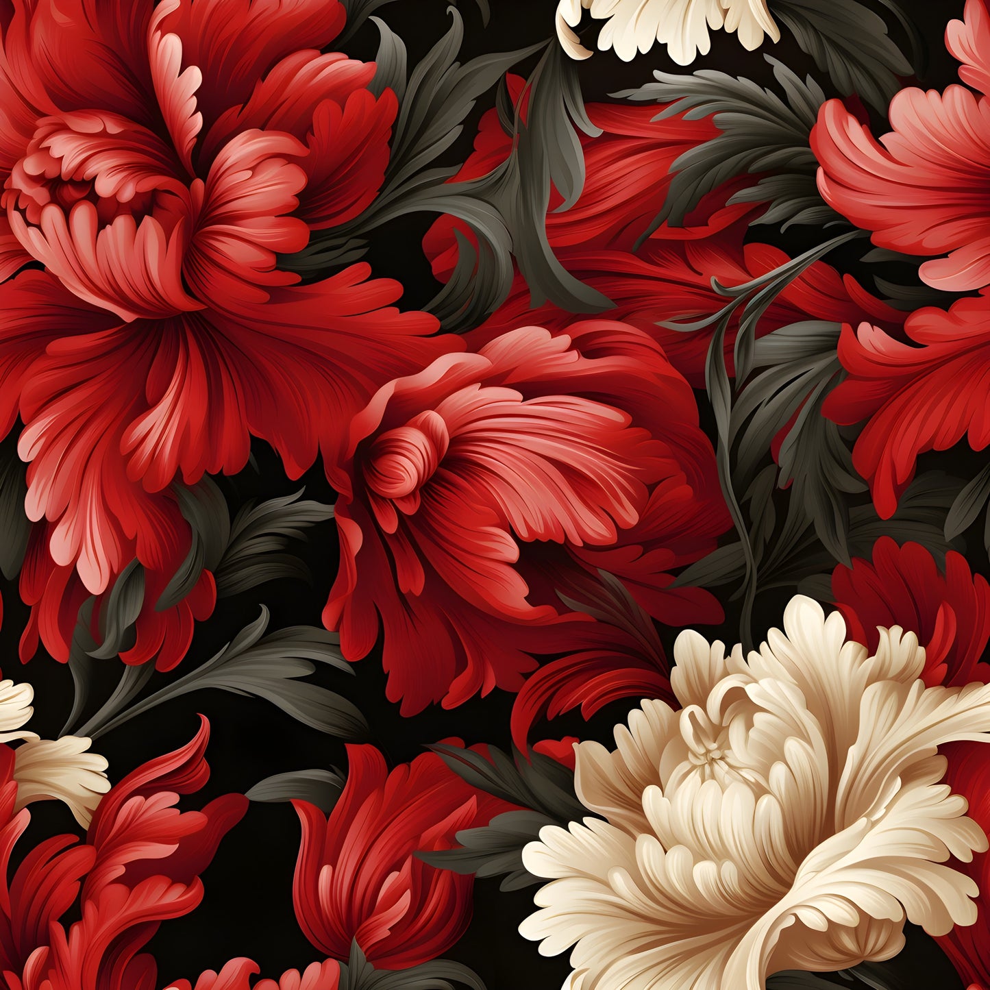 red flowers, cream flowers, burgundy, coral, beige, damask pattern, floral motif, ornate blooms, decorative leaves, black background, quilting cotton, fabric panel, elegant design, botanical print, layered petals, flowing foliage, rich colors, ornamental flowers, textile art, sophisticated pattern