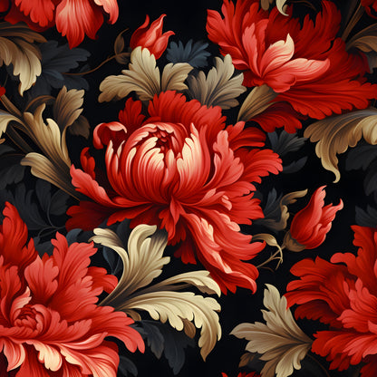 red flowers, coral blooms, golden leaves, charcoal background, damask pattern, floral motif, baroque style, ornate design, quilting cotton, fabric panel, layered petals, decorative foliage, rich colors, elegant florals, vintage inspired, dramatic contrast, textile art, crafting material, sewing fabric, botanical design