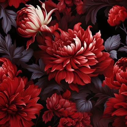 crimson red, burgundy, purple leaves, black background, chrysanthemum flowers, floral pattern, damask design, quilting cotton, fabric panel, botanical motif, deep red blooms, layered petals, ornate florals, rich colors, dramatic contrast, decorative foliage, elegant flowers, luxurious pattern, moody aesthetic