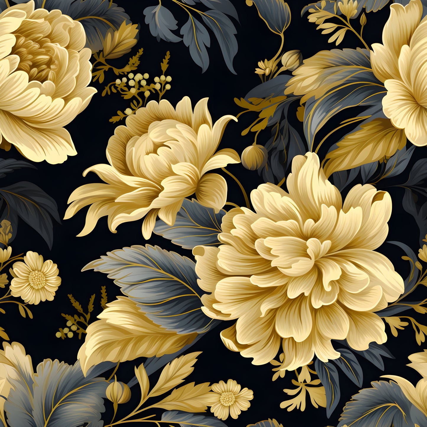 golden flowers, black background, cream petals, charcoal leaves, damask pattern, floral design, quilting cotton, fabric panel, luxurious blooms, ornate florals, sophisticated palette, botanical motif, elegant flowers, decorative leaves, vintage style, rich colors, layered petals, flowing design, cotton fabric, quilting material