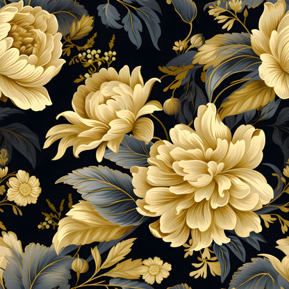 golden flowers, black background, cream petals, charcoal leaves, damask pattern, floral design, quilting cotton, fabric panel, luxurious blooms, ornate florals, sophisticated palette, botanical motif, elegant flowers, decorative leaves, vintage style, rich colors, layered petals, flowing design, cotton fabric, quilting material