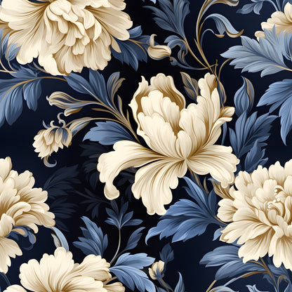 navy blue, cream flowers, damask pattern, floral design, ornate blooms, blue foliage, elegant motif, decorative leaves, baroque style, luxurious pattern, quilting cotton, fabric panel, sophisticated design, vintage inspired, flowing vines, detailed petals, rich contrast, ornamental flora, seamless repeat, textile art