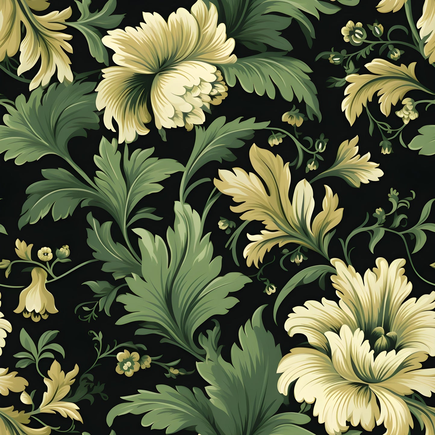 green, cream, yellow, black background, damask pattern, floral motif, ornate leaves, baroque style, elegant design, swirling vines, decorative flowers, quilting cotton, fabric panel, luxurious feel, sophisticated pattern, botanical elements, intricate details, flowing curves, vintage inspired, rich colors
