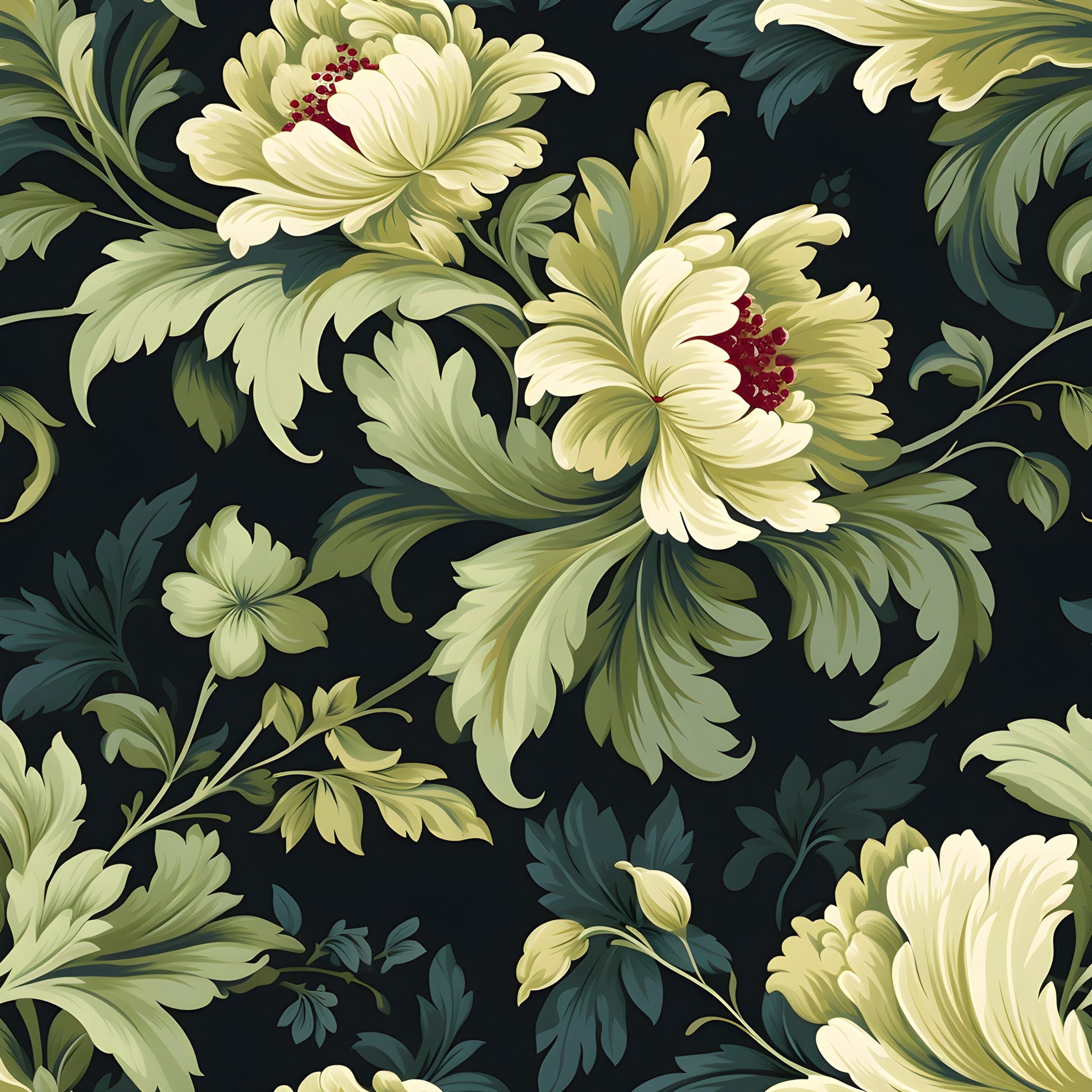 deep green, cream flowers, burgundy stamens, damask pattern, floral motif, ornate leaves, flowing vines, elegant blooms, quilting cotton, fabric panel, botanical design, vintage style, sophisticated pattern, decorative florals, rich colors, swirling foliage, luxurious feel, repeating pattern