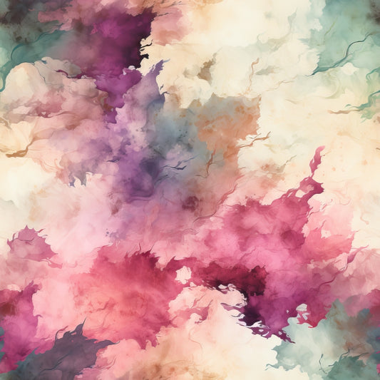 watercolor clouds, abstract swirls, pink tones, purple hues, magenta shades, cream colors, sage green, flowing patterns, dreamy atmosphere, soft blending, cotton fabric, quilting panel, artistic design, fluid motion, pastel palette, organic shapes, ethereal mood, wispy textures, gradient colors
