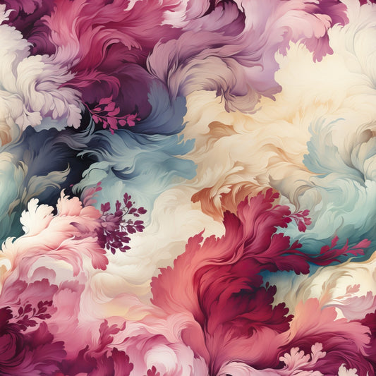 An abstract pattern featuring swirling, feather-like shapes in shades of red, pink, cream, blue, and purple, creating a soft, flowing texture with a sense of movement.