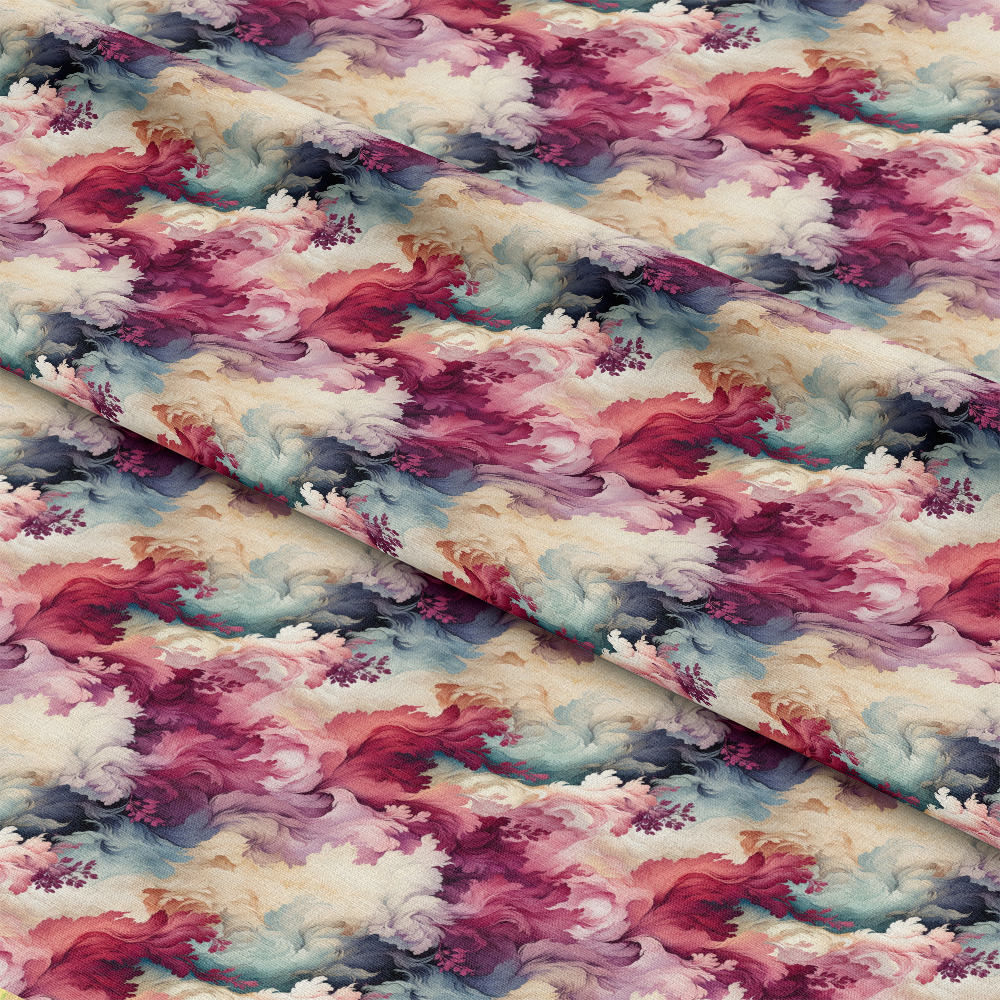 - Flowers and Swirls Pattern 11 Quilting Cotton Fabric  
- Quilting cotton fabric  
- Floral design  
- Swirl motifs  
- Multicolor fabric  
- Shades of pink, red, cream, blue, teal  
- Soft texture  
- Cotton material  
- Artistic print  
- Yardage fabric
