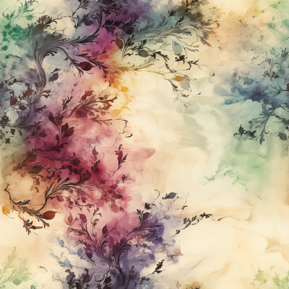 watercolor floral, purple flowers, pink blossoms, teal accents, cream background, botanical swirls, organic flowing, dreamy ethereal, soft pastels, quilting cotton, fabric panel, nature inspired, delicate petals, artistic blooms, whimsical garden, lavender tones, sage green, romantic florals