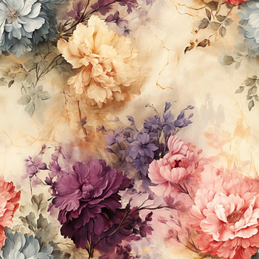 floral pattern, peonies, roses, vintage flowers, muted pastels, dusty rose, lavender purple, sage green, cream background, watercolor style, romantic blooms, quilting cotton, fabric panel, botanical design, soft florals, antique styling, delicate petals, garden flowers, shabby chic, feminine design