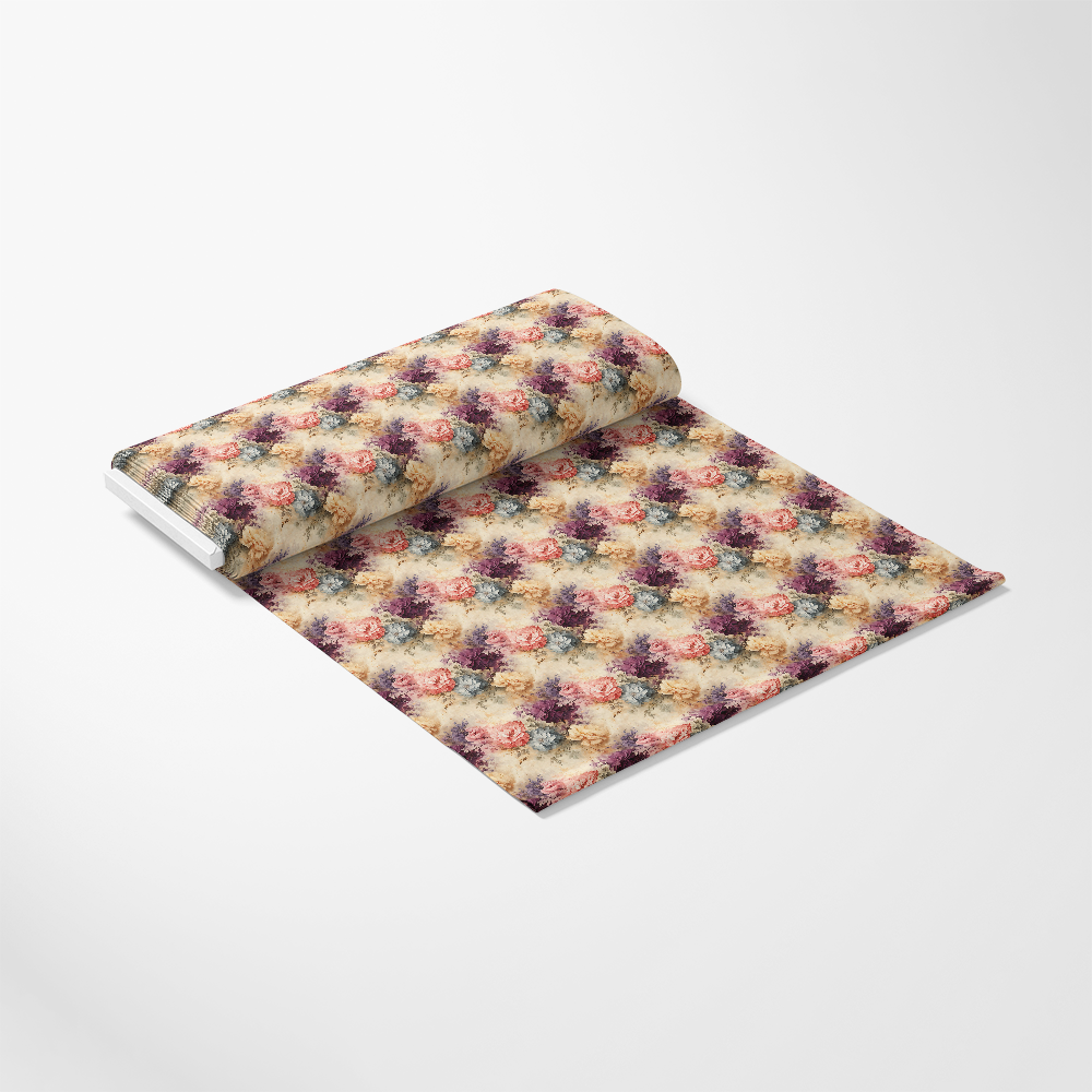 A roll of wallpaper partially unrolled, featuring a repeating floral pattern with red, purple, and yellow flowers on a beige background, displayed on a plain white surface.