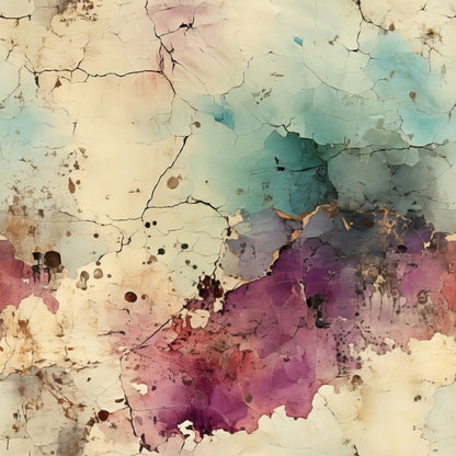 cracked paint, weathered surface, abstract watercolor, blue tones, purple hues, cream background, peeling texture, distressed finish, aged patina, stained appearance, cotton fabric, quilting panel, artistic splatters, muted pastels, vintage worn, textural details, faded colors, rustic aesthetic, bohemian style