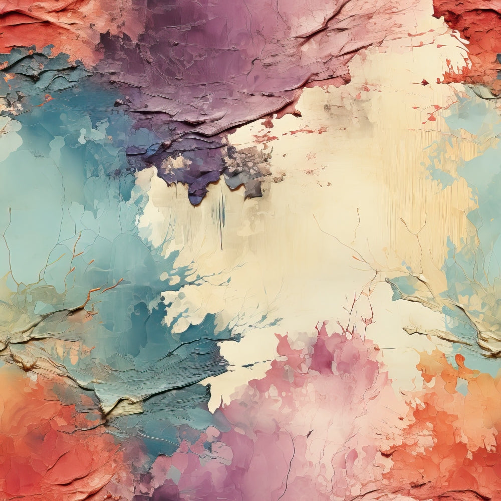 peeling paint, distressed texture, coral pink, turquoise blue, cream white, purple lavender, weathered surface, cracked paint, abstract pattern, vintage aged, quilting cotton, fabric panel, rustic charm, layered colors, artistic brushstrokes, bohemian style, soft pastels, textured background, painted wall effect, shabby chic
