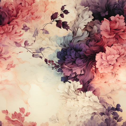 floral pattern, swirls, pink flowers, purple blooms, cream background, coral petals, mauve tones, dusty rose, flowing design, botanical motifs, delicate branches, soft pastels, romantic florals, quilting cotton, fabric panel, feminine colors, dreamy aesthetic, layered petals, ornate swirls, vintage inspired
