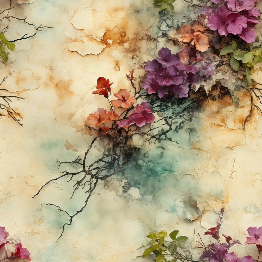 A cluster of vibrant flowers in shades of purple, red, and green grows from dark branches against a textured, pastel background with watercolor-like stains and cracks.