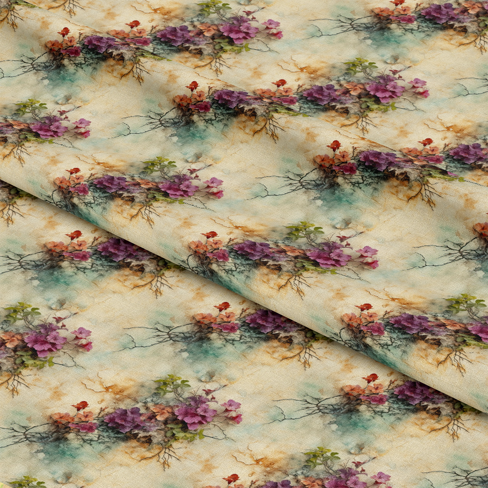 Fabric with a repeating floral pattern featuring purple, red, and green flowers on beige background, arranged in diagonal folds. The flowers are painted in a watercolor style with delicate branches and soft color blending.
