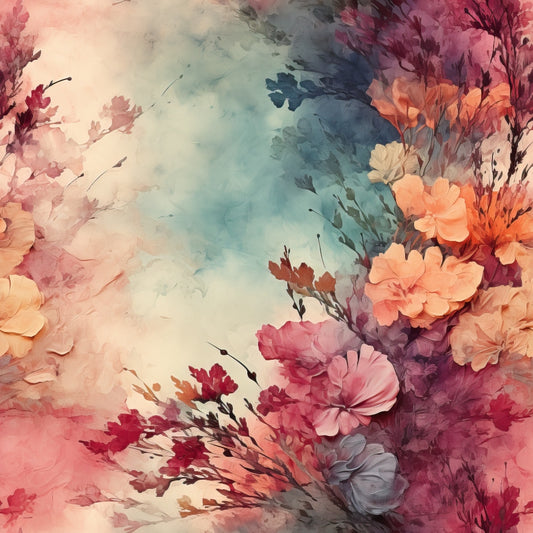 watercolor flowers, pink blossoms, coral petals, burgundy foliage, dusty blue, cream background, floral pattern, botanical design, soft pastels, romantic blooms, quilting cotton, fabric panel, dreamy florals, vintage style, delicate branches, spring flowers, feminine colors, artistic watercolor, cotton fabric, quilting material