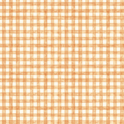 Orange and white gingham plaid pattern with a grid of intersecting lines creating a checkered design.