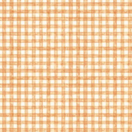 Orange and white gingham plaid pattern with a grid of intersecting lines creating a checkered design.