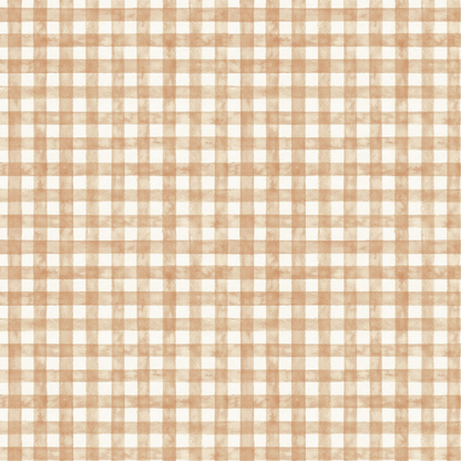 A beige and white checkered gingham fabric pattern, featuring tightly arranged squares creating a repeated grid design.