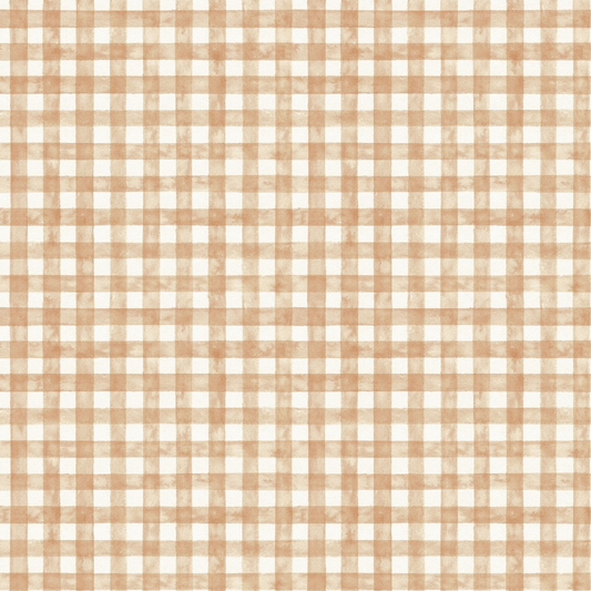 A beige and white checkered gingham fabric pattern, featuring tightly arranged squares creating a repeated grid design.