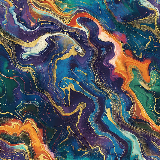 Abstract painting with swirling patterns in vibrant blues, greens, oranges, and gold. The design resembles fluid, flowing waves and cosmic elements.