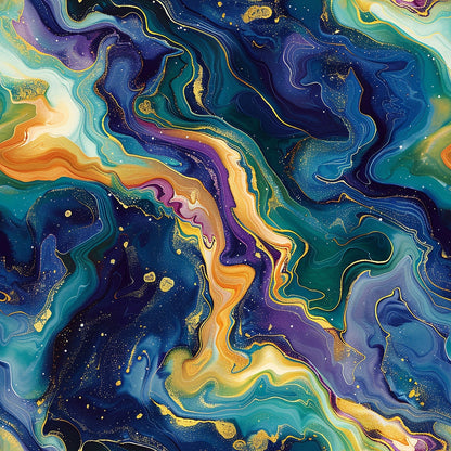 Abstract swirl pattern with vibrant colors, including blue, green, yellow, and orange, with gold speckles interspersed.