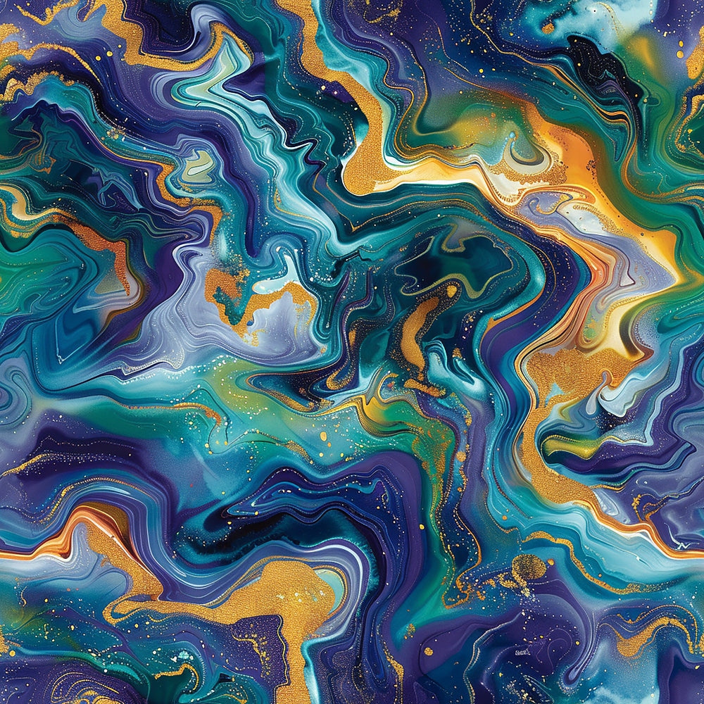 Abstract image with swirling patterns in blue, green, and gold hues, resembling fluid art.