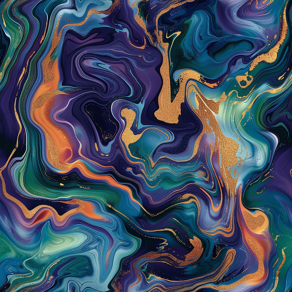 Abstract image depicting a swirling pattern of blue, teal, orange, and gold colors, creating a marbled effect with flowing lines and contrasting hues.