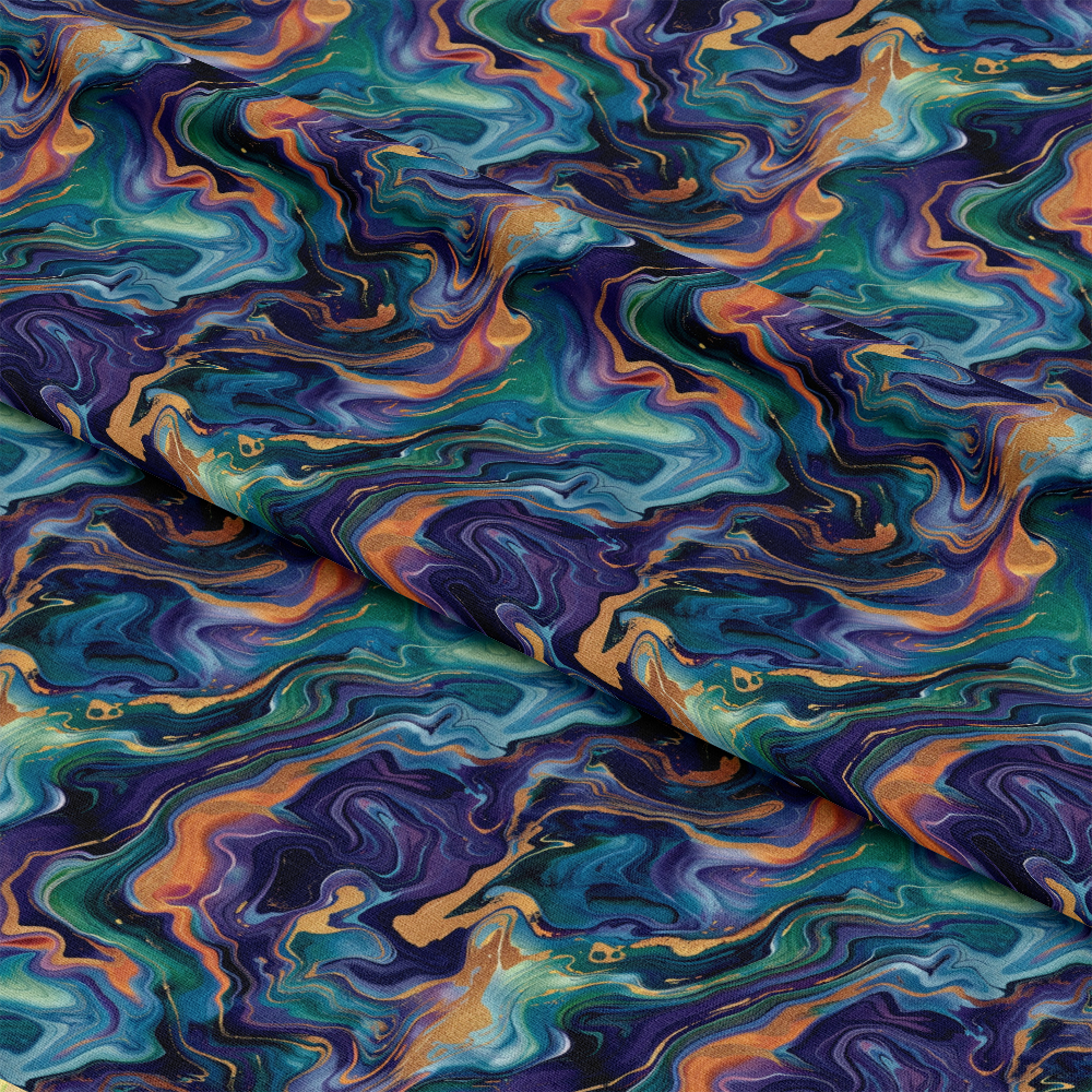 - Fluid Fantasy Pattern 4 Quilting Cotton Fabric  
- cotton fabric  
- vibrant swirls  
- abstract fluid design  
- blue teal green purple colors  
- orange gold accents  
- artistic textile  
- quilting material  
- smooth texture  
- colorful fabric