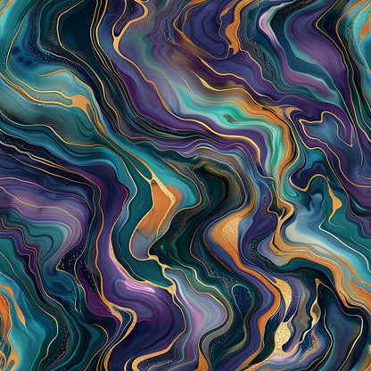 Abstract image with swirling patterns in teal, purple, orange, and gold. Resembles fluid marble with wavy, layered lines and a glossy finish.