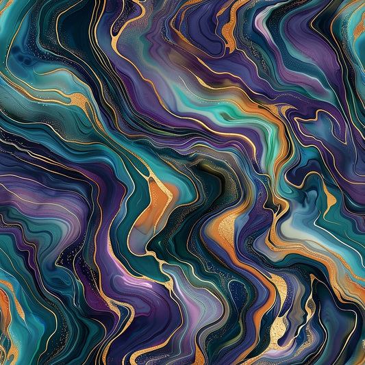 Abstract image with swirling patterns in teal, purple, orange, and gold. Resembles fluid marble with wavy, layered lines and a glossy finish.