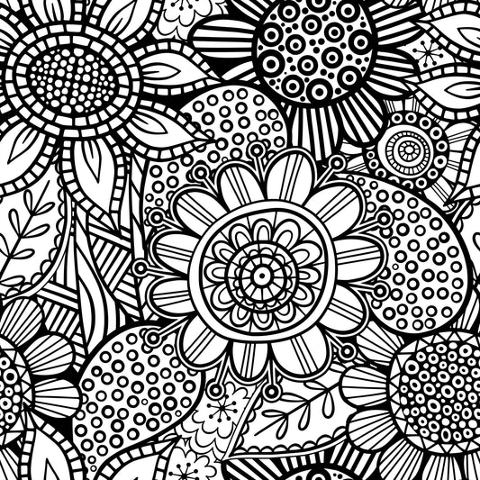 Folk Art Florals Black and White Pattern 10 Quilting Cotton Fabric