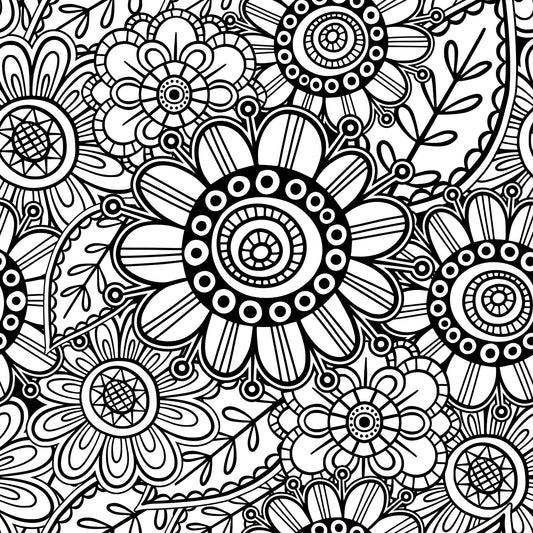 Folk Art Florals Black and White Pattern 2 Quilting Cotton Fabric