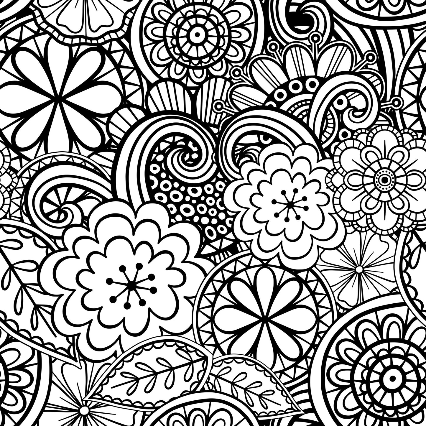 Folk Art Florals Black and White Pattern 3 Quilting Cotton Fabric