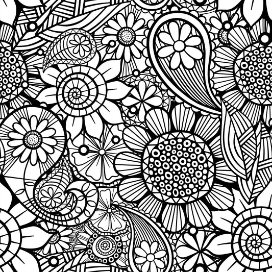 Folk Art Florals Black and White Pattern 5 Quilting Cotton Fabric