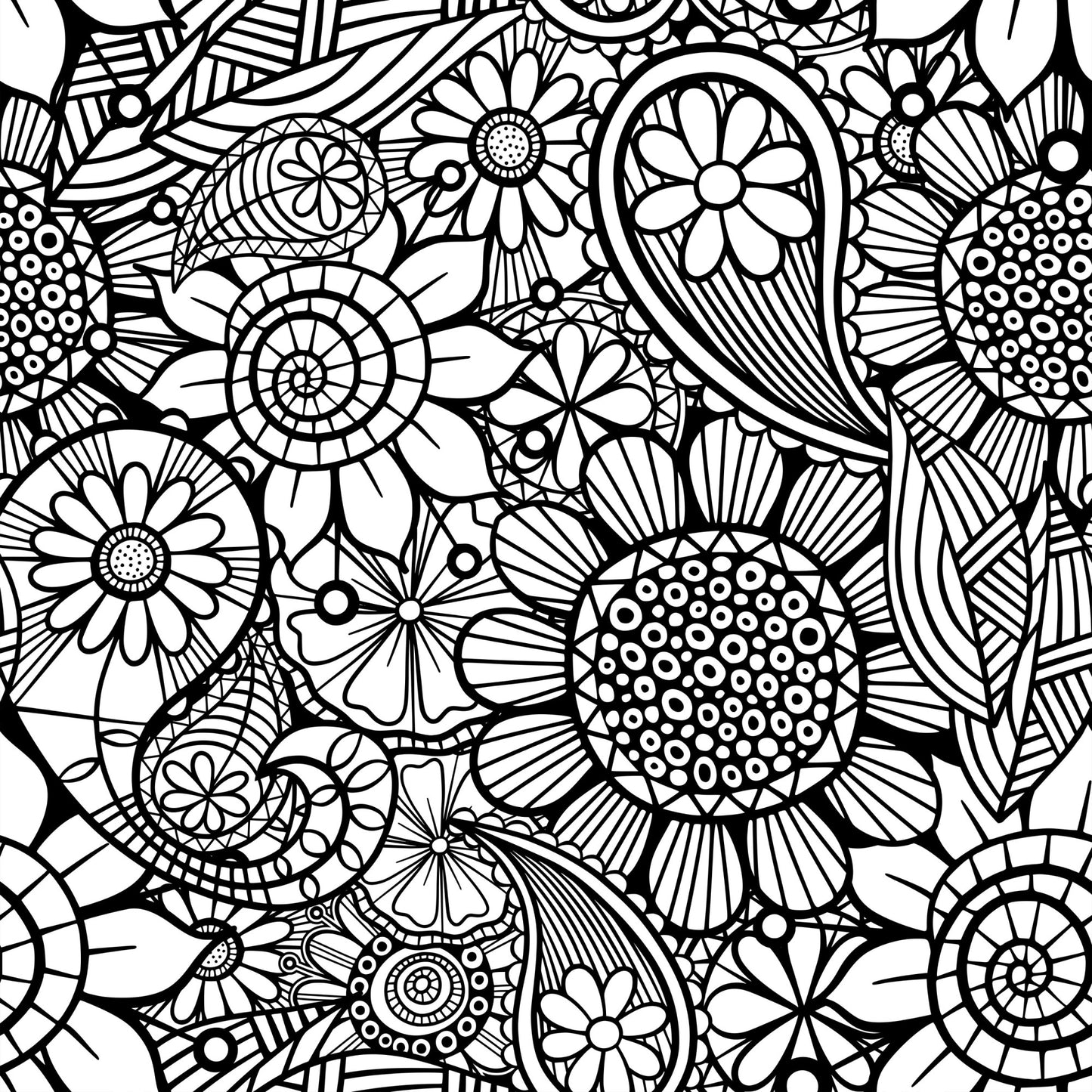 Folk Art Florals Black and White Pattern 5 Quilting Cotton Fabric