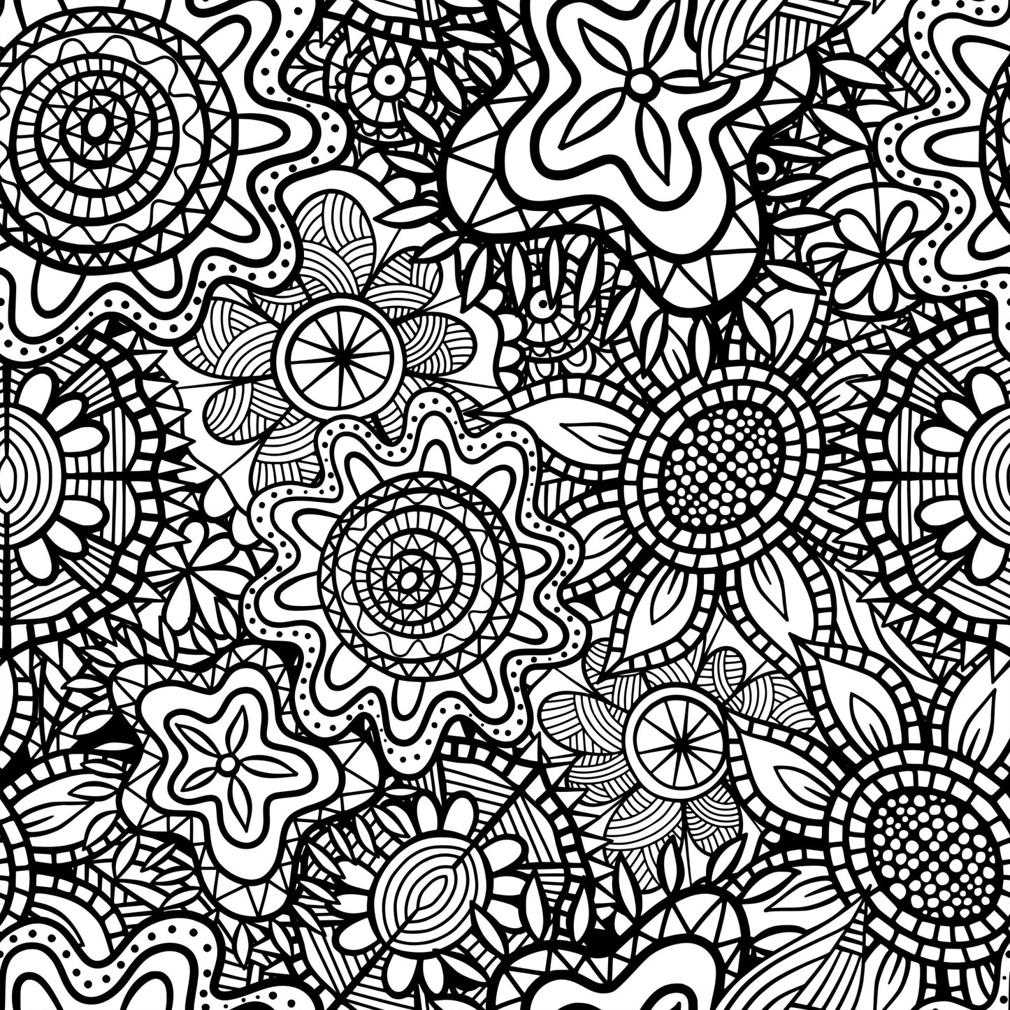 Folk Art Florals Black and White Pattern 7 Quilting Cotton Fabric