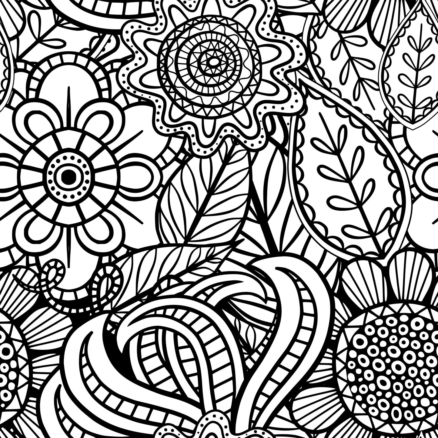 Folk Art Florals Black and White Pattern 8 Quilting Cotton Fabric