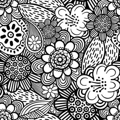 Folk Art Florals Black and White Pattern 9 Quilting Cotton Fabric