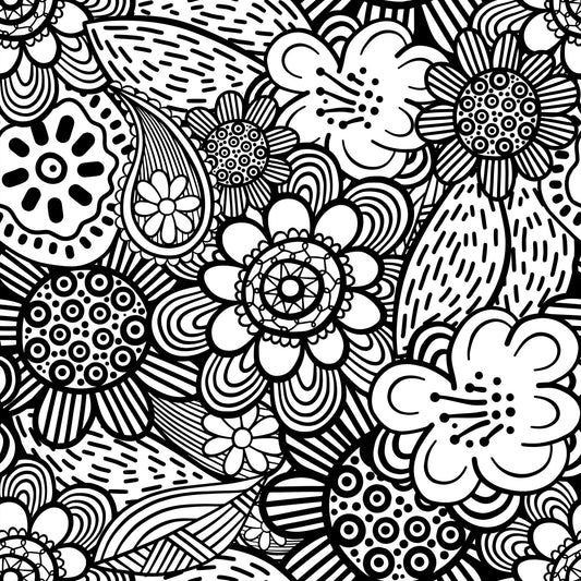 Folk Art Florals Black and White Pattern 9 Quilting Cotton Fabric