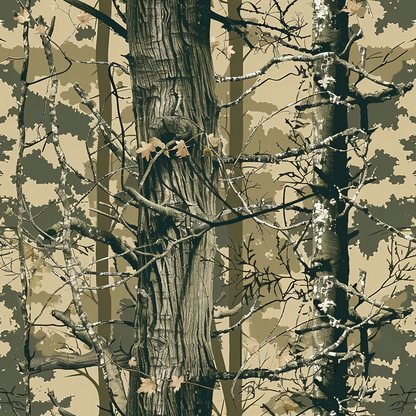 A camouflage pattern design featuring tree trunks and branches with scattered leaves against a forest backdrop.