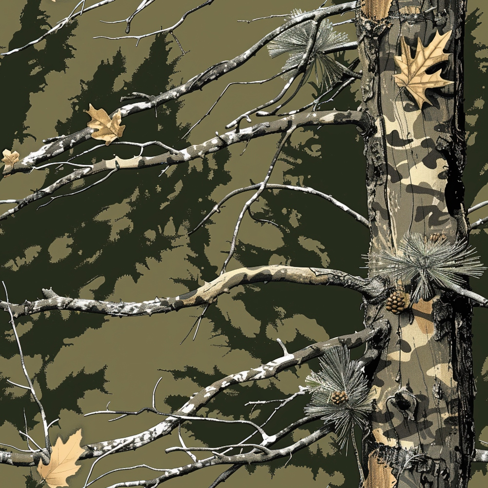 A tree with camouflaged bark and sparse branches, adorned with a few pine needles and yellow leaves, against a shadowy background.