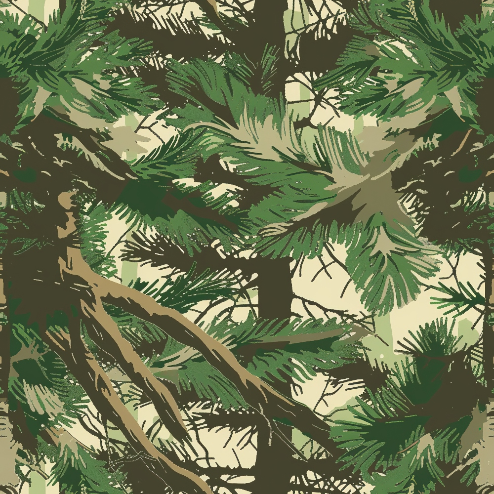 Illustrated pattern of green pine branches and leaves with a mixture of light and dark shades, against a light beige background.