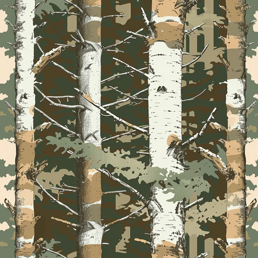 Illustration of birch trees with green, brown, and beige camouflage background.